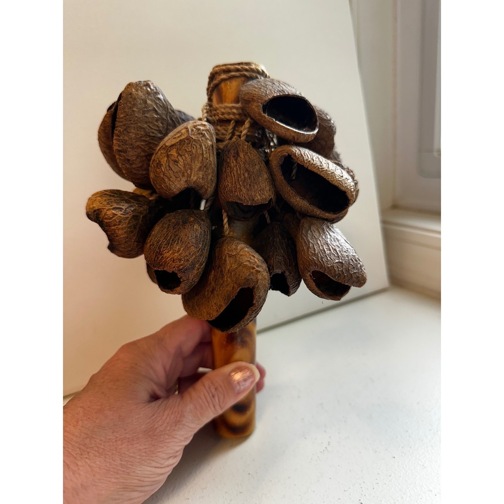Vintage Pangi Seed Pod Shaker Bamboo Handle Hand Percussion Rattle World Music